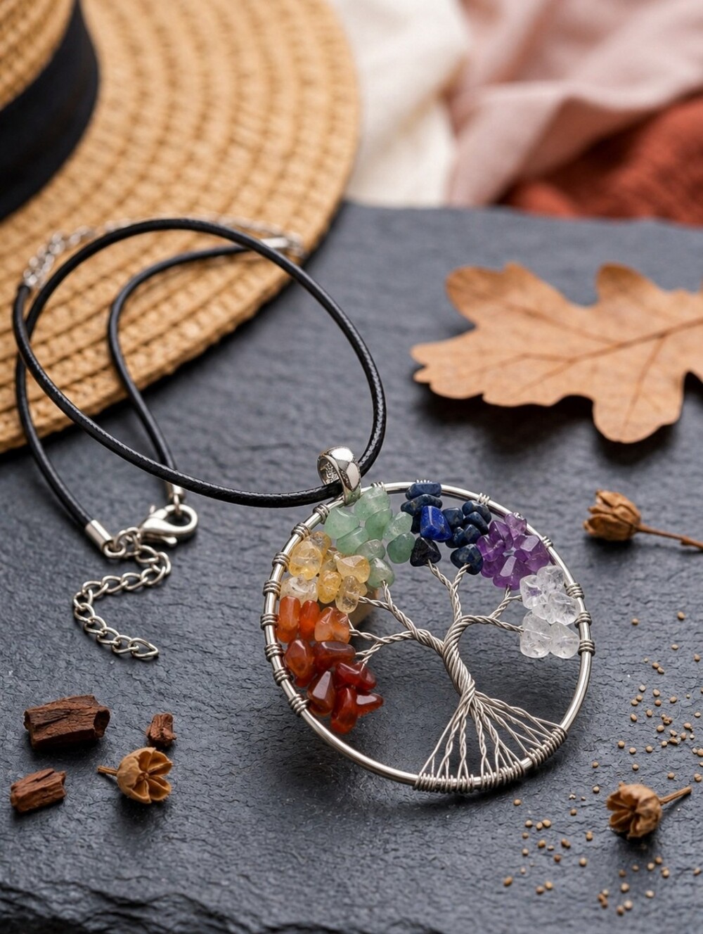 Tree of Life Necklace 7 Chakra Gemstone Wire Wrap Pendant Boho Leather Cord 17"